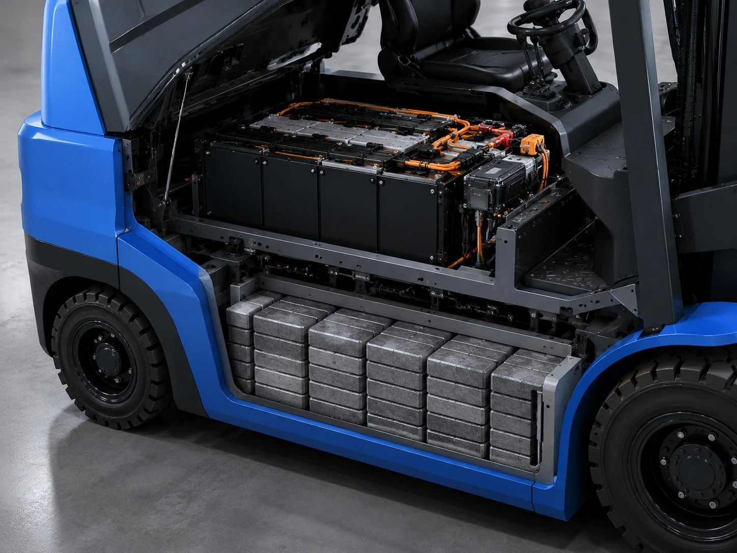Internal view of a forklift battery compartment showing counterweight ballast engineering for lithium-ion stability Internal view of a forklift battery compartment showing counterweight ballast engineering for lithium-ion stability